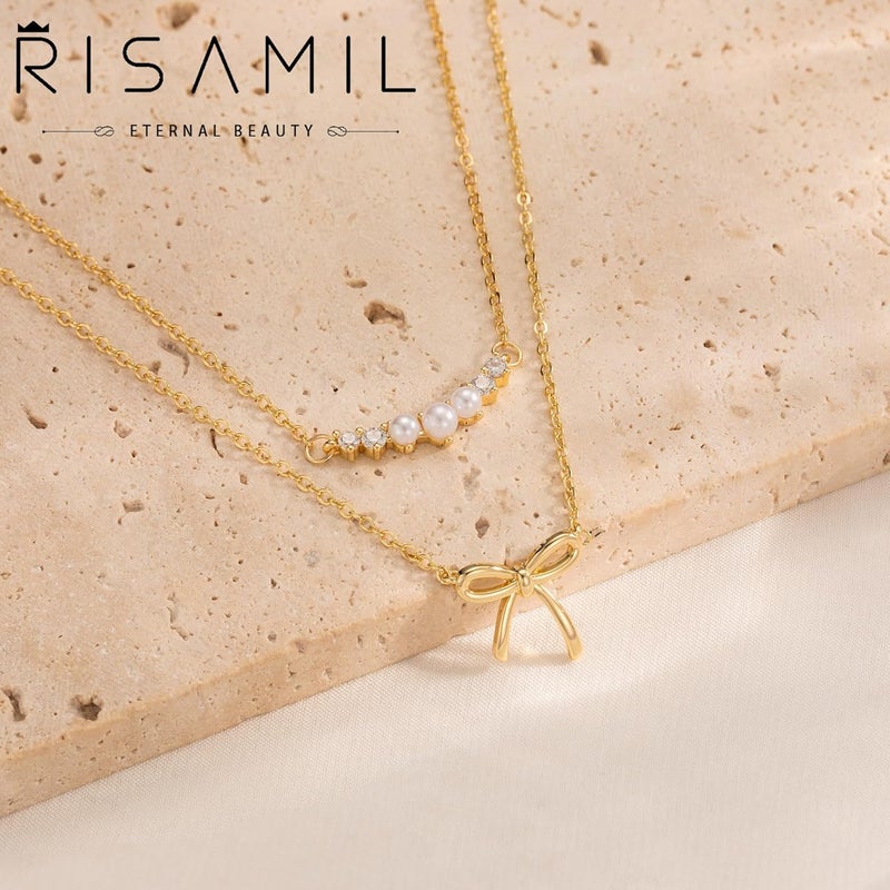 Risamil Store 14K Gold Plated Necklace for Women - Bow Necklace - Dainty Necklace Cute Small Tiny Bow Pendant Choker Chain Necklace Trendy Necklaces for Women Jewelry Gift - Image 3